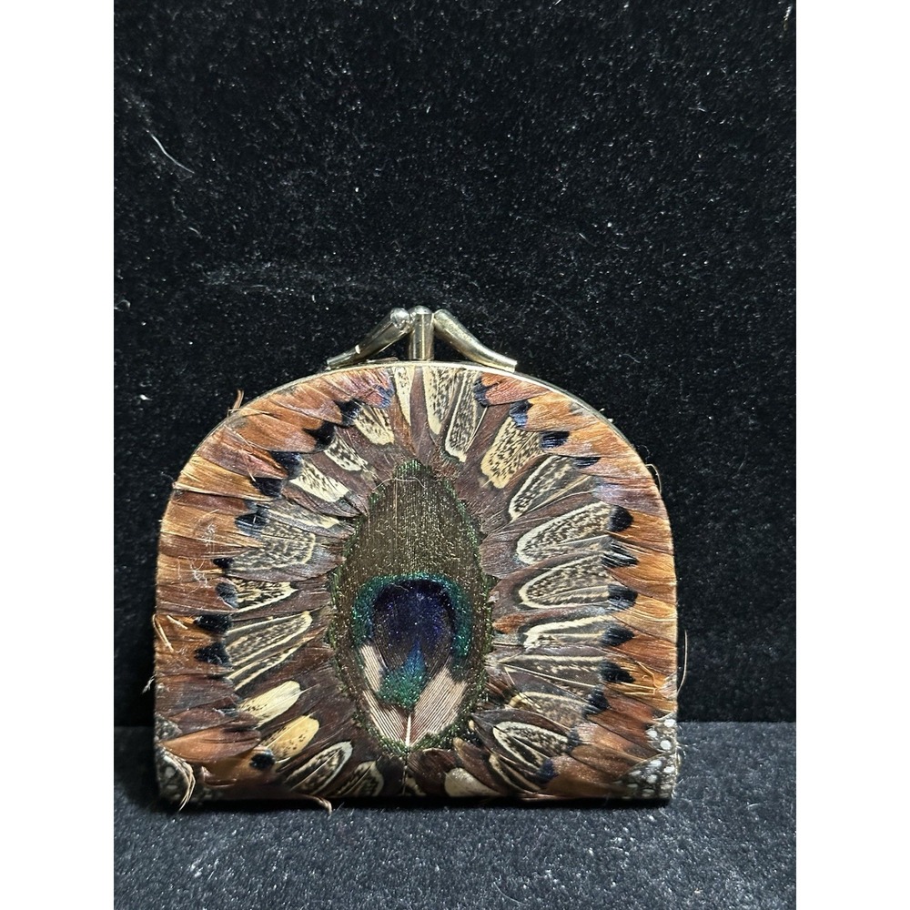 Vintage Comeco Feather Coin Purse Taiwan ROC Peacock Design Kiss Lock Wallet